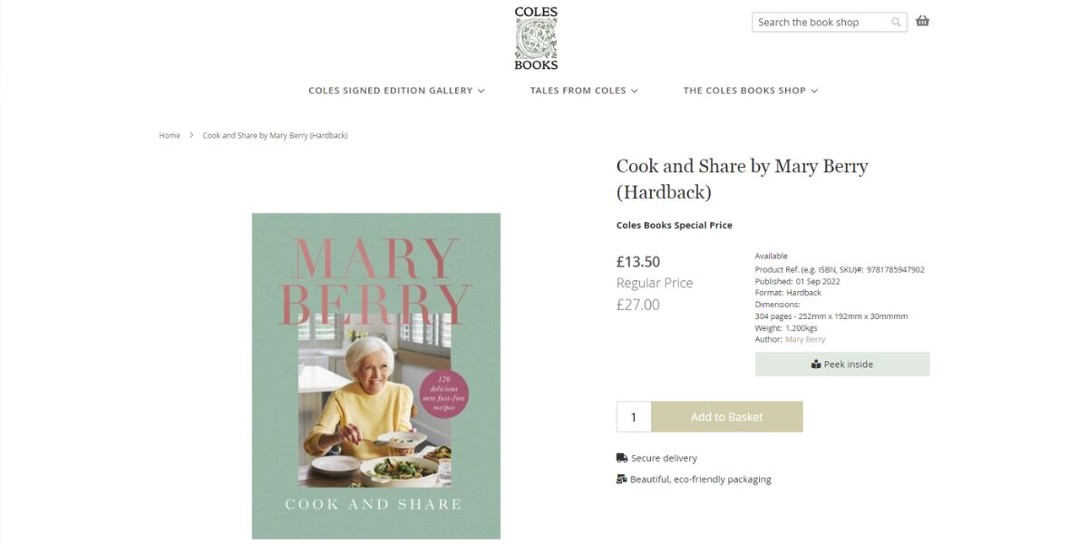 Screenshot of Peek Inside button on Coles Books website